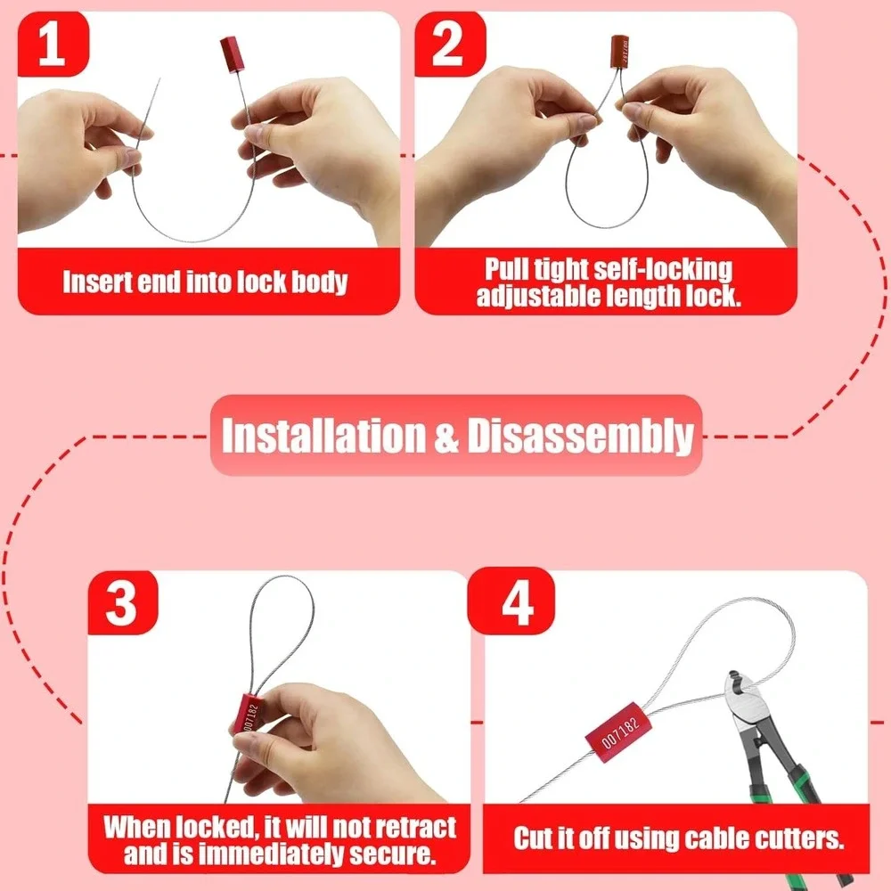 NAZOU 100Pcs Red Numbered Security Cable Seals 13 Inch Tamper Steel Wire Tags